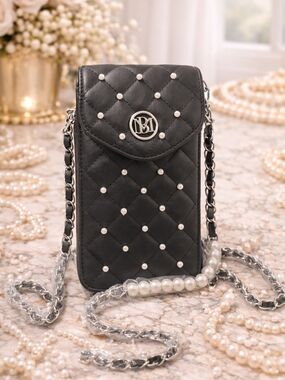 Badgley Mischka Black Quilted Pearl-Accent Crossbody